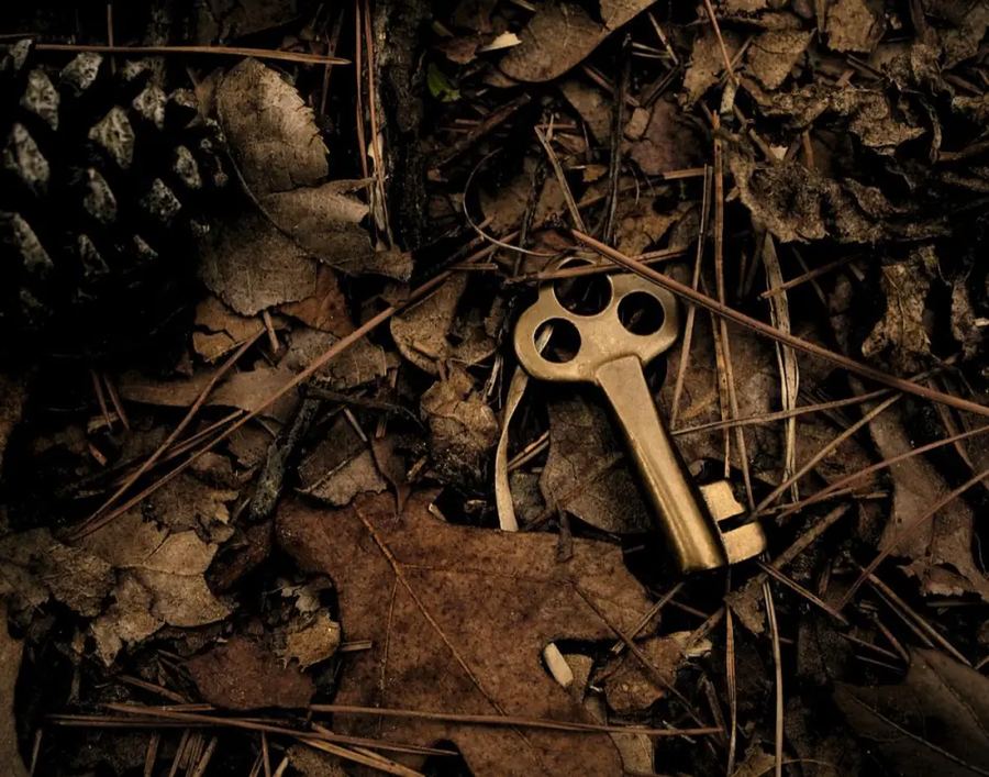 A brass key resting among dry autumn leaves