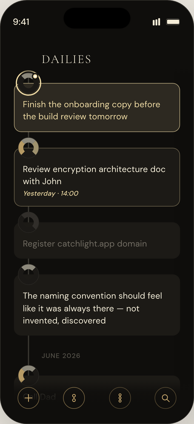 Catchlight in Night mode, the same Dailies timeline in a warm dark theme.